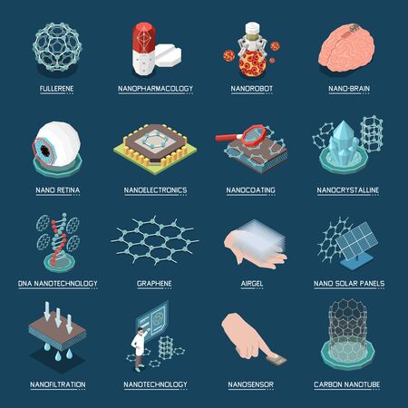 Nanotechnology in medicine pharmacology electronics robotics brain retina sensors graphene structures isometric icons set isolated vector illustration のイラスト素材