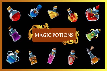 Magic potion game background with isolated mini bottles and colored liquid inside vector illustrationのイラスト素材