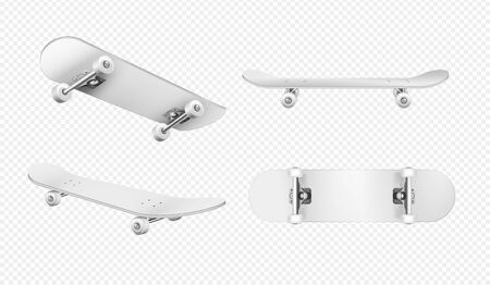 Realistic set of white skateboards isolated on transparent background vector illustrationのイラスト素材