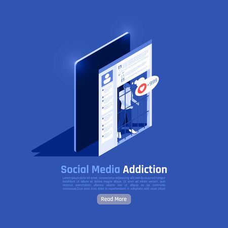 Social network addiction isometric background composition with more button text and images of human in cage vector illustrationのイラスト素材