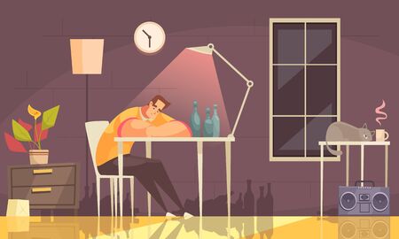 Cartoon background with lonely upset man suffering with alcohol sitting on chair at home addiction vector illustrationのイラスト素材