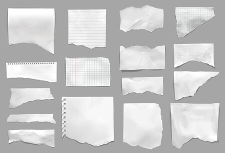 Ripped torn from notebook checked pages college lined paper scraps grey background realistic set isolated vector illustration   のイラスト素材