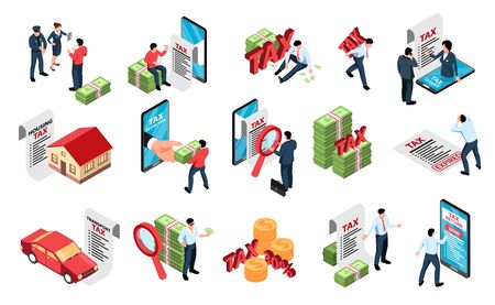 Income online tax statement return accounting service employees business real estate owners isometric set isolated vector illustrationのイラスト素材