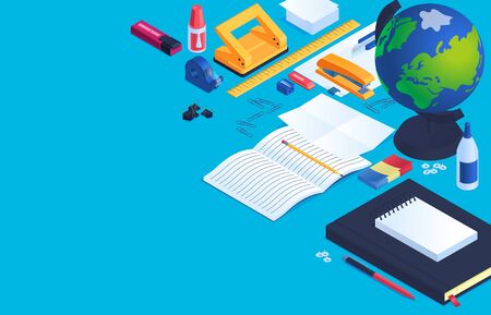 Office and school stationery background with eraser glue and globe isometric vector illustrationのイラスト素材