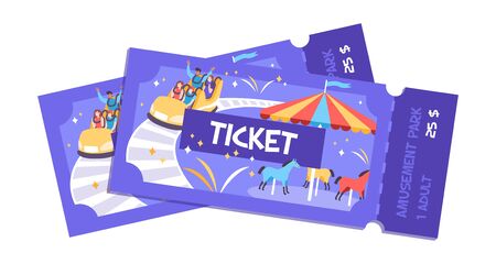 Ticket park amusement flat composition with entry tickets for fun fair park with images and text vector illustrationのイラスト素材