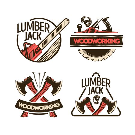 Woodworking 2x2 design concept set of color hand drawn emblems illustrated lumberjack instrument isolated vector illustration  のイラスト素材