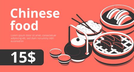Chinese traditional food online isometric advertising banner with tea ceremony kettle sushi rolls steamed dumplings vector illustrationのイラスト素材