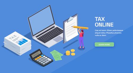 Taxes accounting isometric background for website banner with editable text learn more button and workspace images vector illustrationのイラスト素材