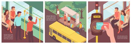 Public transport set with three isolated square compositions of editable text and isometric images...