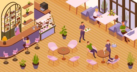 Restaurant isometric background with people having lunch or coming for cup of coffee vector illustrationのイラスト素材
