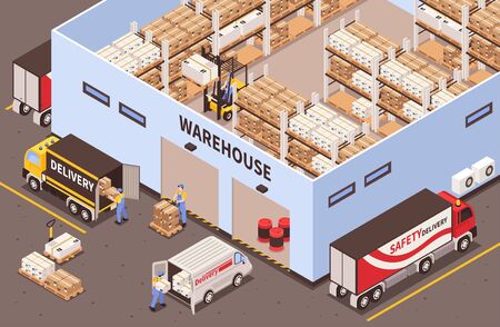 Modern industrial warehouse interior with storage racks facilities exterior with logistic delivery...