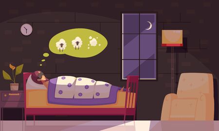 Sleep time background with insomnia problem symbols flat vector illustrationのイラスト素材