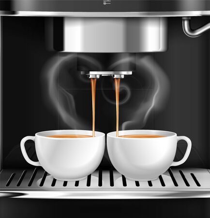 Professional machine preparing two cups of coffee realistic background vector illustrationのイラスト素材