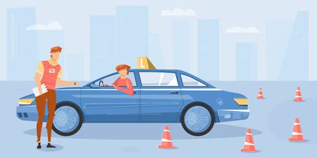 Training at driving school flat background with student in car and instructor vector illustrationのイラスト素材