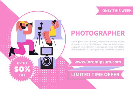 Professional photographer banner flat background with editable text badges and doodle human...