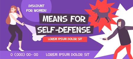 Self defense banner composition with editable advertising text phone numbers and flat human characters with threats vector illustrationのイラスト素材