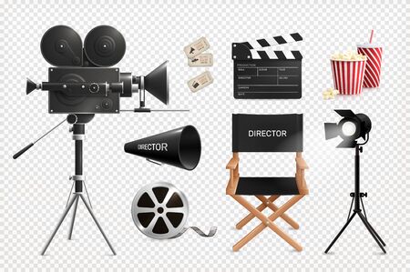 Cinema film production realistic set of isolated images on transparent background with camera reel and chair vector illustrationのイラスト素材