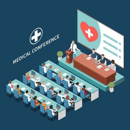Medical conference hall interior isometric composition wit speaker and meeting organizers on podium participants background vector illustration  のイラスト素材