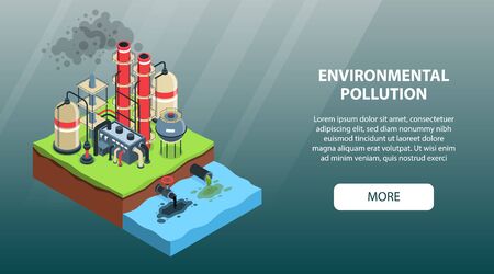Isometric environmental pollution horizontal banner with image of toxic factory river and text with more button vector illustrationのイラスト素材