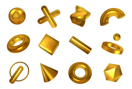 Realistic geometric shapes objects set with isolated icons images of golden geometric bodies on...