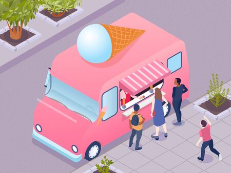 People buying ice cream at pink truck 3d isometricのイラスト素材