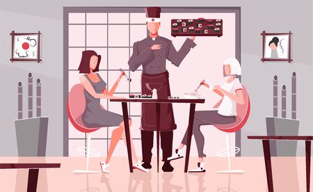 Sushi restaurant people set flat composition with indoor view of asian food cafe room with people vector illustrationのイラスト素材