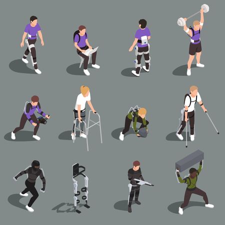 Bionics technology isometric icons set of people in exoskeleton suits engaged in sports hard work or walking isolated vector illustrationのイラスト素材
