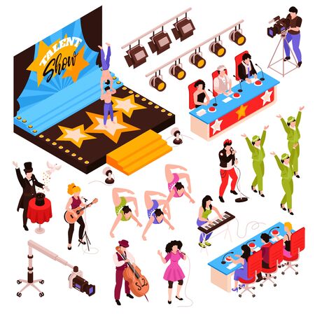 Isometric talent show tv program set with isolated icons human characters of participants judges and stage vector illustrationのイラスト素材