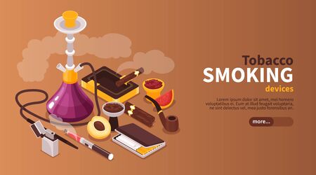 Isometric hookah tobakko smoke horizontal banner with editable text button and images of products containing nicotine vector illustrationのイラスト素材