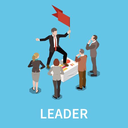 Leadership concept isometric composition with text and human characters of team workers surrounding man with flag vector illustrationのイラスト素材