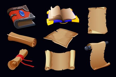 Ancient scrolls old magic books parchment incredible spells documents papyrus manuscripts rolls cartoon games set vector illustration のイラスト素材