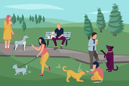 People with dogs flat composition with park outdoor landscape with trees and people walking their dogs vector illustrationのイラスト素材