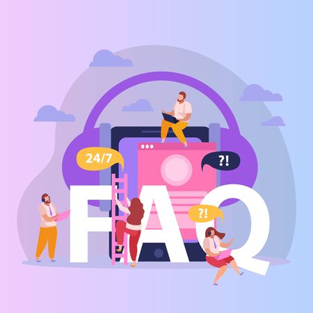 Flat composition with people from call center answering questions online vector illustrationのイラスト素材