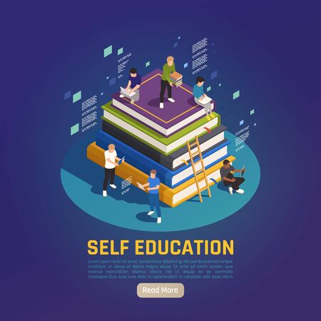 Self education for personal development isometric design with people reading studying on big books pile vector illustrationのイラスト素材