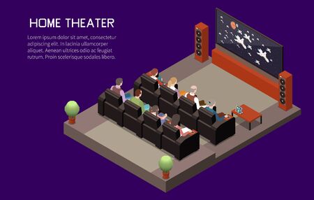 Cinema isometric background with editable text and composition of domestic tv screen audio system and auditorium vector illustrationのイラスト素材