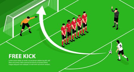 Isometric football soccer horizontal background with editable text and playground scenery with characters of players and gates vector illustrationのイラスト素材