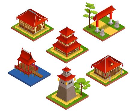 Asian buildings isometric set with house and bridge isolated vector illustrationのイラスト素材