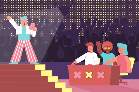 Vocal competition flat composition with voice singing competition and characters of judges with singer on stage vector illustrationのイラスト素材
