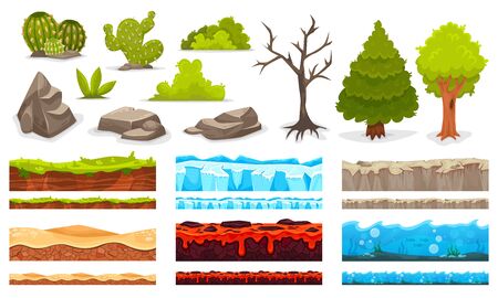 Cartoon landscapes plants stones reliefs for game user interface isolated set vector illustrationのイラスト素材