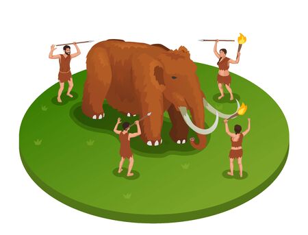 Caveman prehistoric primitive people isometric composition with image of mammoth being attacked by group of people vector illustrationのイラスト素材