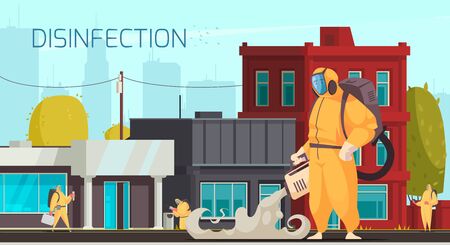 Medicine hygiene virus coronavirus composition with text and people in chemical protection suits disinfecting city street vector illustrationのイラスト素材