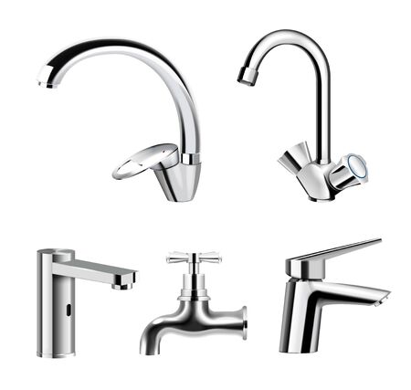 Realistic set of steel chrome plated water supply faucets various shapes and designs on white background isolated vector illustration  のイラスト素材