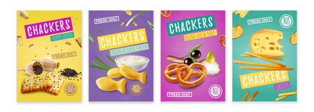Realistic colorful posters with salty crackers with different flavours isolated vector illustrationのイラスト素材