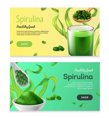 Realistic spirulina banners collection with clickable shop button editable text and images of seaweed organic products vector illustrationのイラスト素材