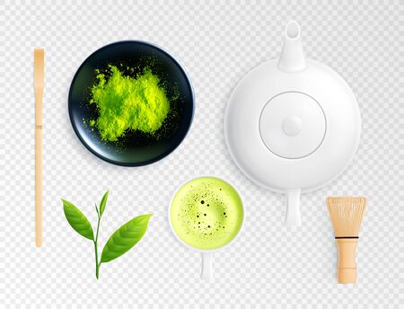 Matcha tea realistic set with isolated images of essential elements for tea ceremony on transparent background vector illustrationのイラスト素材