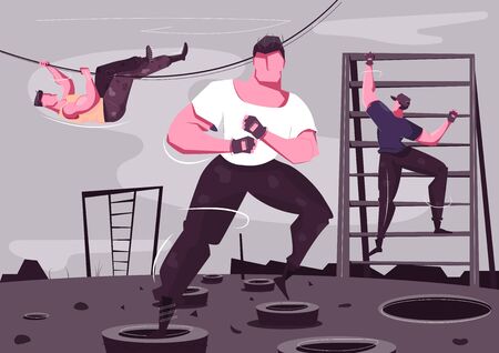 Military training flat composition with brutal sporty male characters climbing and wrestling outdoor vector illustrationのイラスト素材
