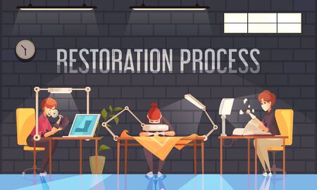 Artist restorer composition with three persons three people in the office are working on the restoration of various things books shoes vector illustrationのイラスト素材