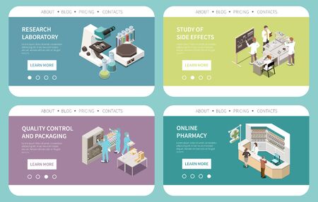 Pharmaceutical production side effects laboratory research quality control online sale 4 isometric cards website design vector illustration のイラスト素材