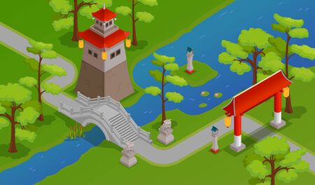 Asian buildings bridge river and landscape isometric background vector illustrationのイラスト素材