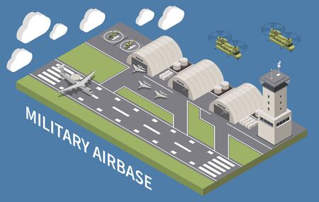 Military airbase airfield aerodrome facility with hangars traffic control tower landing aircraft flying helicopters isometric vector illustration のイラスト素材